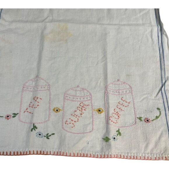 Tea Sugar And Coffee Jar Vintage Embroidered Kitchen Towel Cottage Core SEE - Picture 1 of 5